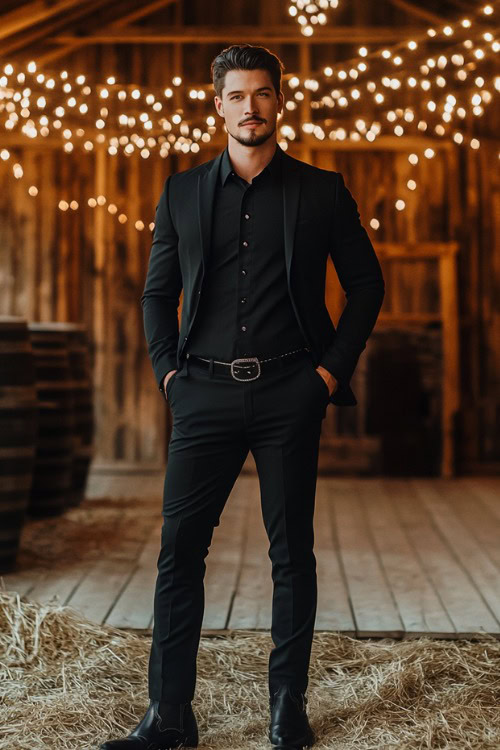 A groomsman wears a black suit with black cowboy boots and a black shirt