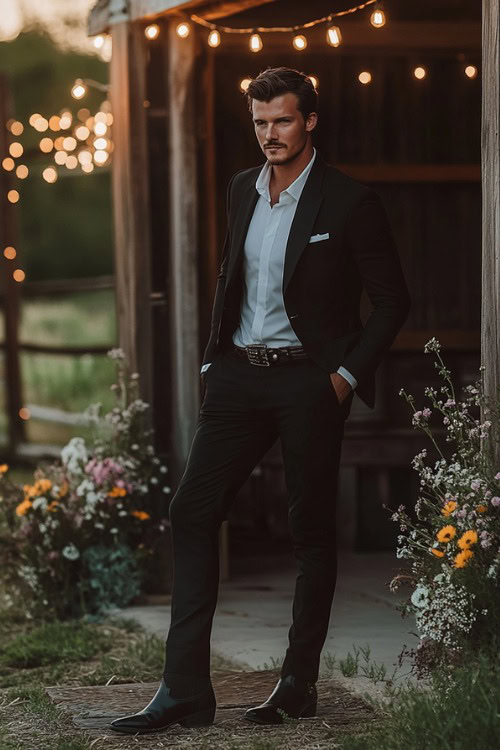 A groomsman wears a black suit with black cowboy boots and a white shirt