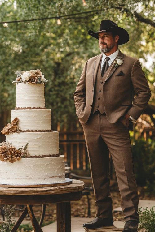 A groomsman wears a brown suit with a black cowboy hat and black cowboy boots