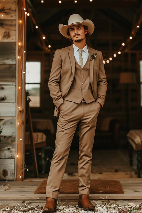 A groomsman wears a brown suit with brown cowboy boots and a cowboy hat