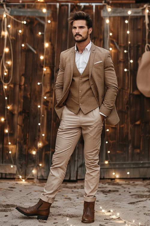 A groomsman wears a brown suit with brown cowboy boots and a white shirt