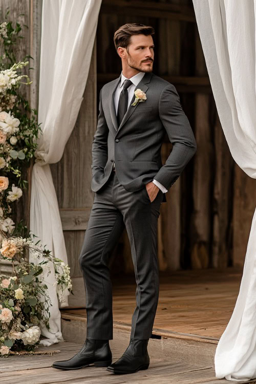 A groomsman wears a dark gray suit with black cowboy boots and a black tie