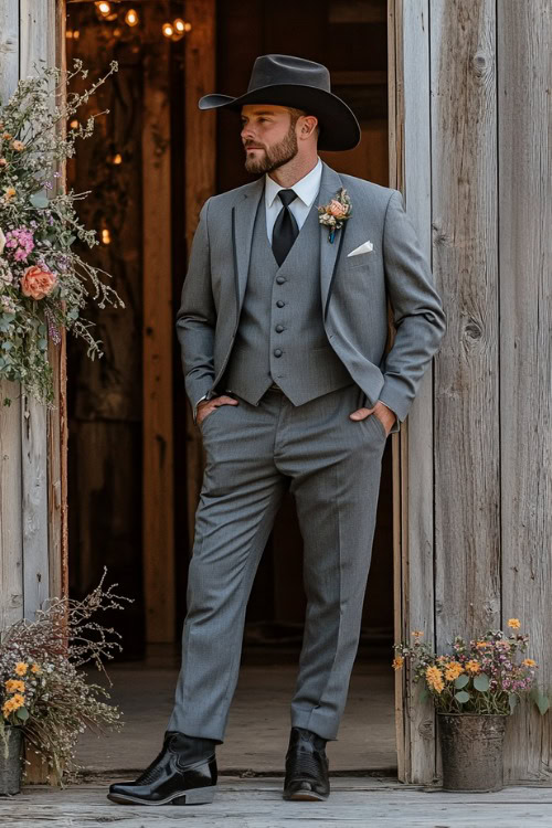 A groomsman wears a gray suit with black cowboy boots and a black cowboy hat