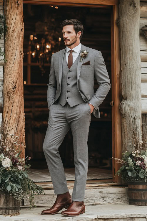 A groomsman wears a gray three-piece suit with brown cowboy boots and a brown tie