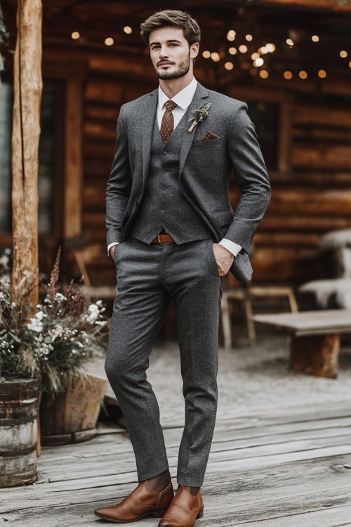 A groomsman wears a gray three-piece suit with brown cowboy boots and a matching tie