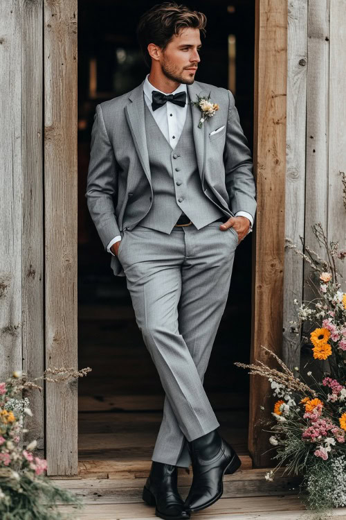 A groomsman wears a light gray suit with black cowboy boots and a black bow tie