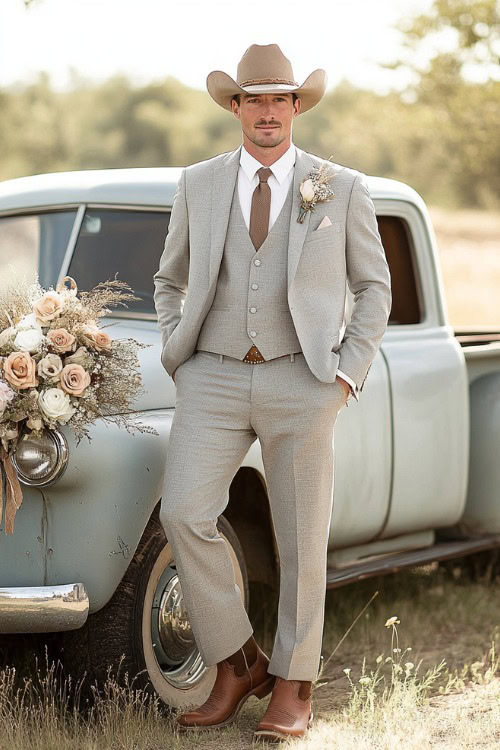 A groomsman wears a light gray suit with brown cowboy boots and a tan cowboy hat