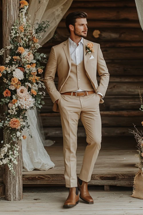 A groomsman wears a light tan suit with brown cowboy boots and a white shirt (2)