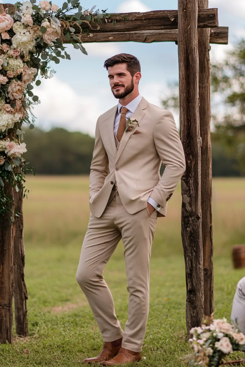 A groomsman wears a light tan suit with brown cowboy boots and a white shirt