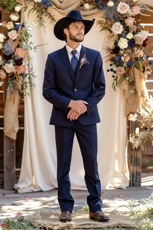 A groomsman wears a navy suit with brown cowboy boots and a black cowboy hat