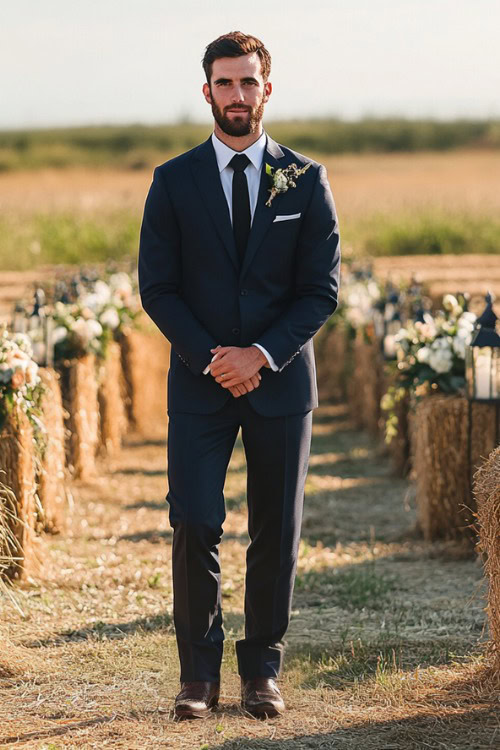 A groomsman wears a navy suit with brown cowboy boots and a black tie