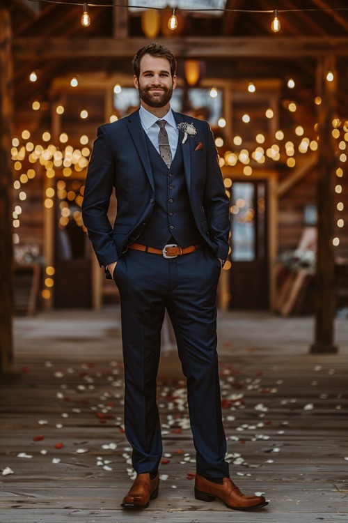 A groomsman wears a navy suit with brown cowboy boots and a gray tie