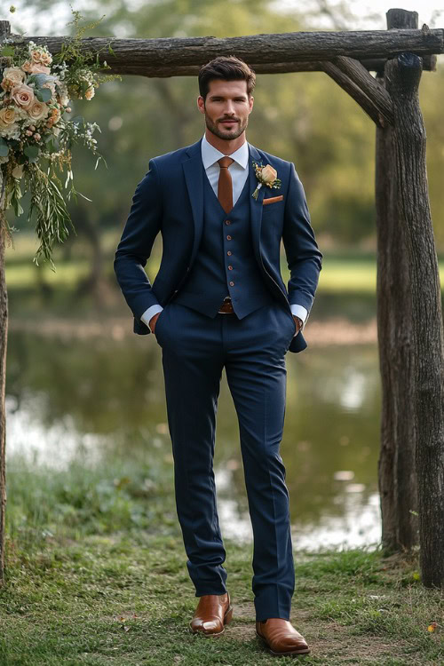 A groomsman wears a navy suit with brown cowboy boots and a matching tie