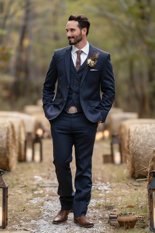 A groomsman wears a navy suit with brown cowboy boots and a patterned tie