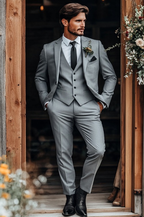 A groomsman wears a navy suit with brown cowboy boots and a white shirt (2)