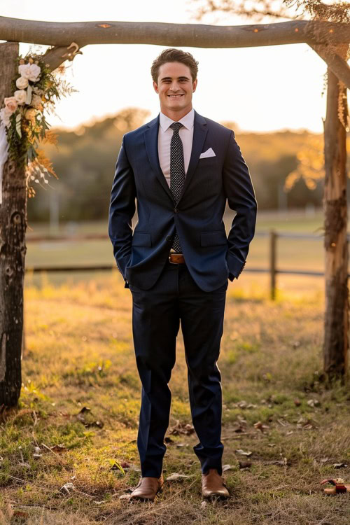 A groomsman wears a navy suit with brown cowboy boots and a white shirt (3)