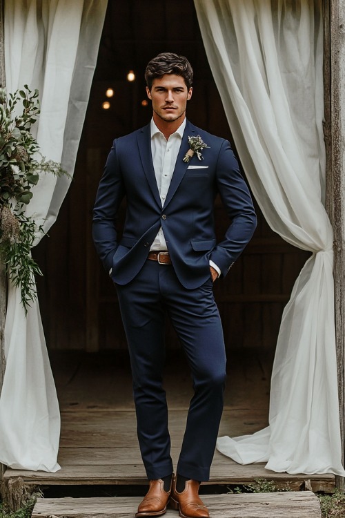 A groomsman wears a navy suit with brown cowboy boots and a white shirt (4)