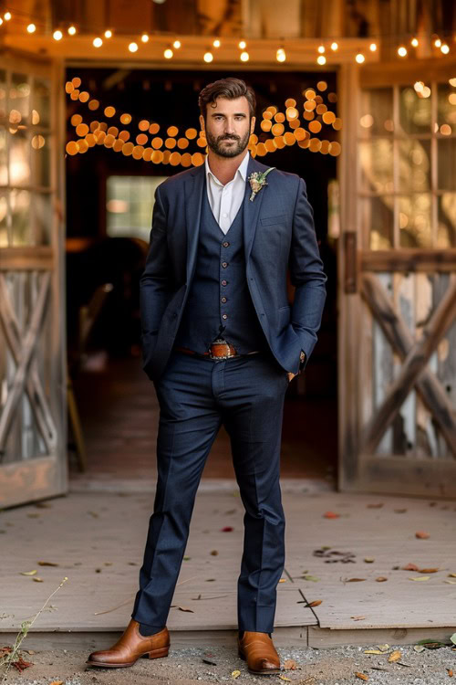 A groomsman wears a navy suit with brown cowboy boots and a white shirt