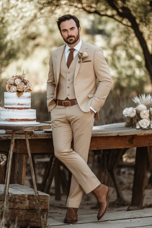 A groomsman wears a tan suit with brown cowboy boots and a brown tie