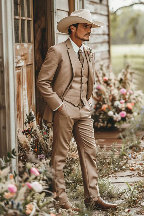 A groomsman wears a tan suit with brown cowboy boots and a cowboy hat