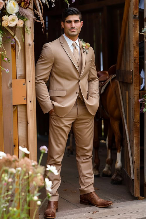 A groomsman wears a tan suit with brown cowboy boots and a matching tie