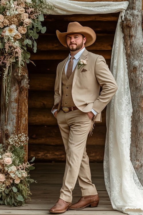 A groomsman wears a tan suit with brown cowboy boots and a tan cowboy hat