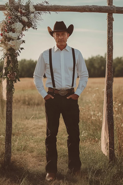 A groomsman wears black pants with a white shirt, black suspenders, a black cowboy hat, and brown cowboy boots