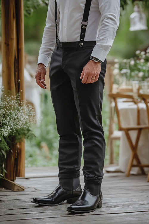 A groomsman wears black pants with black suspenders, a white shirt and black cowboy boots