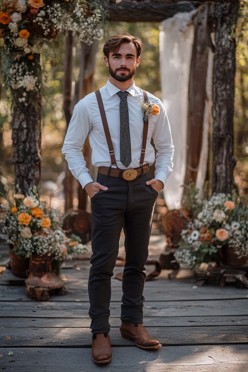 A groomsman wears dark pants with brown suspenders, a white shirt, and brown cowboy boots