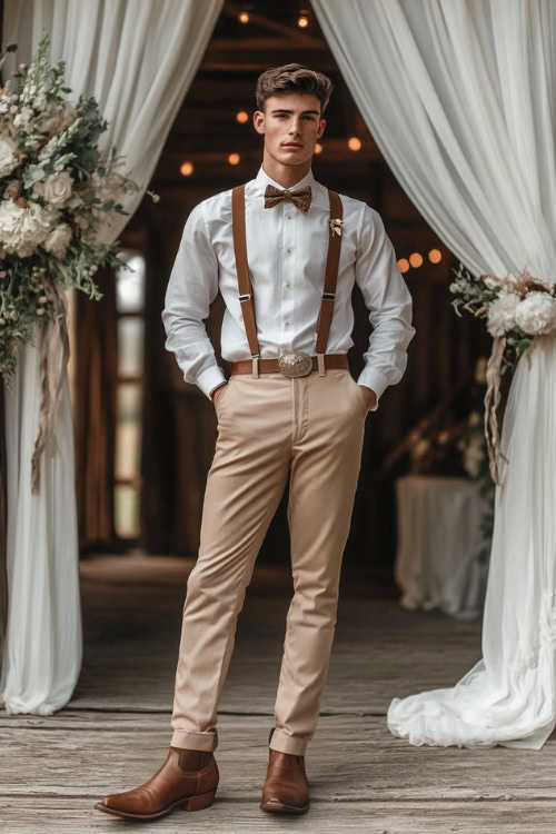 A groomsman wears tan pants with brown suspenders, a white shirt, a bow tie, and brown cowboy boots