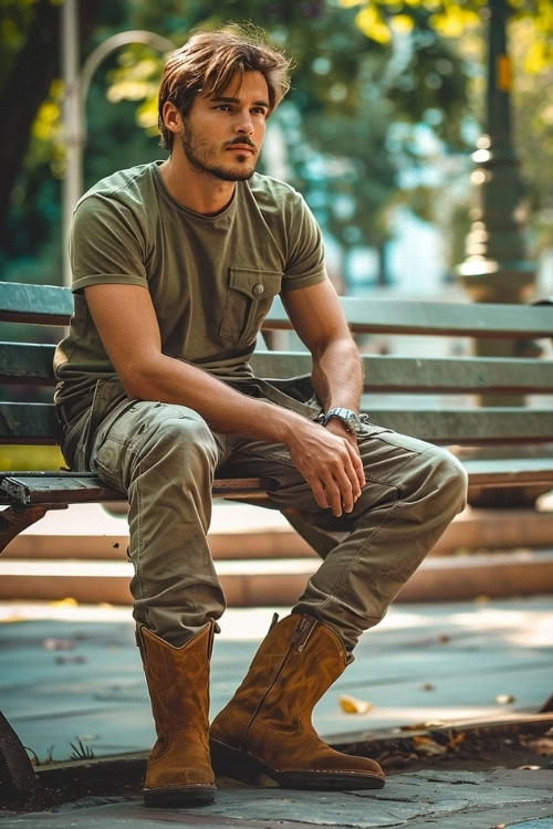 A man sits casually in a green shirt and grey pants with tan cowboy boots