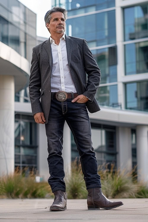 A man sports a gray blazer, white shirt, and dark jeans with brown cowboy boots