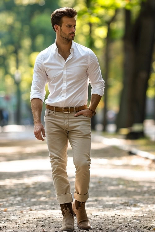 A man strides in a white shirt, beige pants, a brown belt and light brown cowboy boots