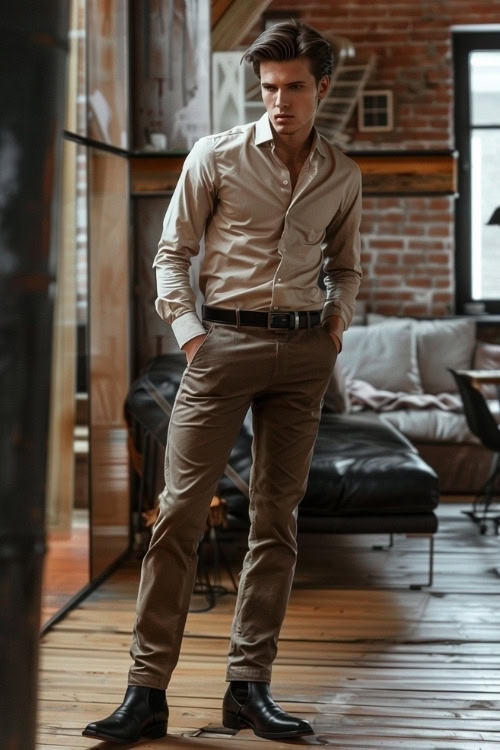 A man wears a beige button-down shirt and khaki pants with black cowboy boots