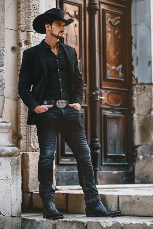 A man wears a black button-down shirt with dark jeans and black cowboy boots