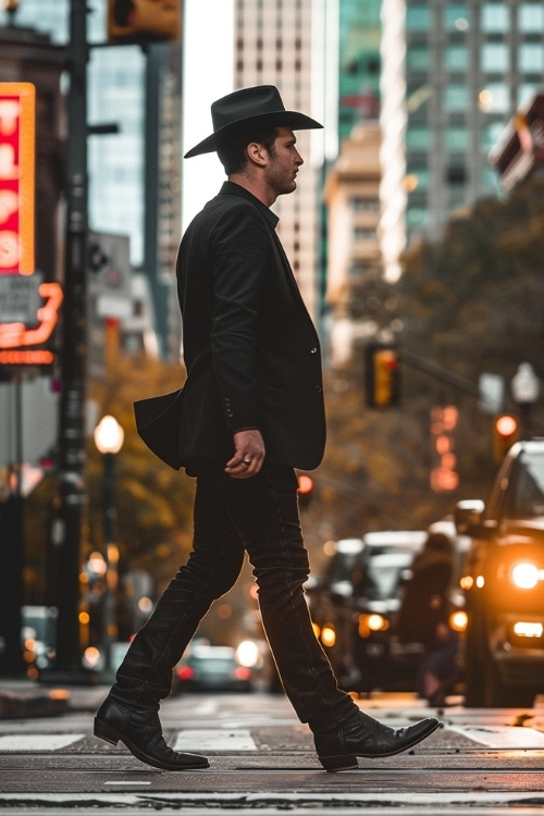 A man wears a black coat, black pants, and black cowboy boots while walking on the street