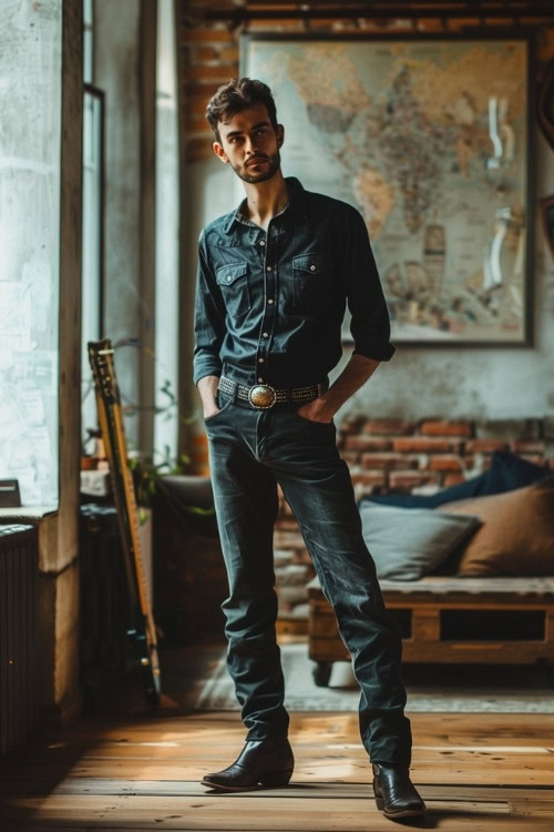 A man wears a black denim shirt with black jeans and black cowboy boots