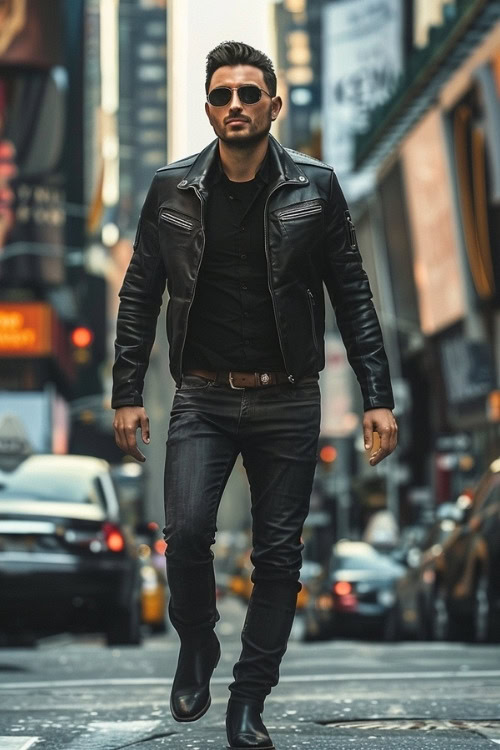 A man wears a black leather jacket, black shirt, jeans and black cowboy boots