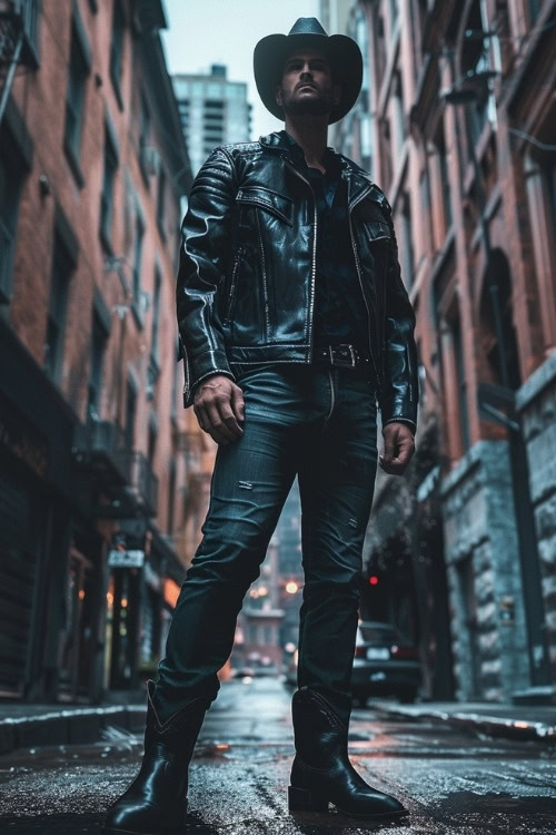 A man wears a black leather jacket, jeans, and black cowboy boots