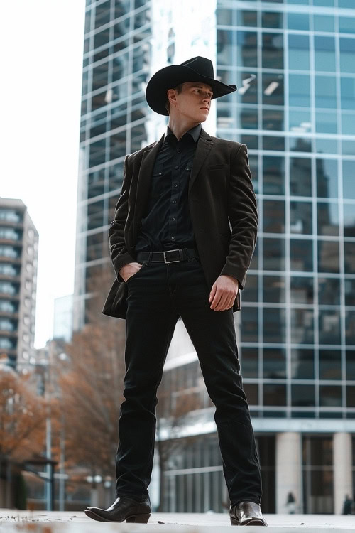 A man wears a black shirt under a black blazer, black pants, and black cowboy boots