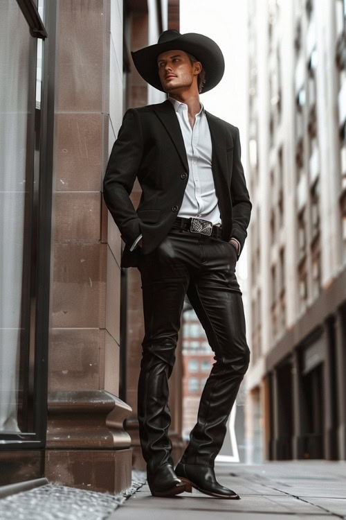 A man wears a black suit, white shirt, black pants, and black cowboy boots