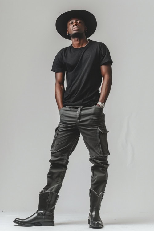 A man wears a black tee and grey cargo pants, with black cowboy boots