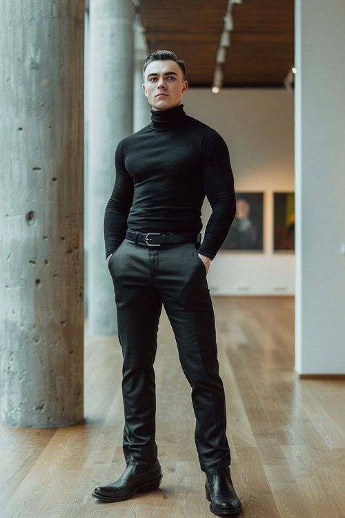 A man wears a black turtleneck, black trousers, and black cowboy boots