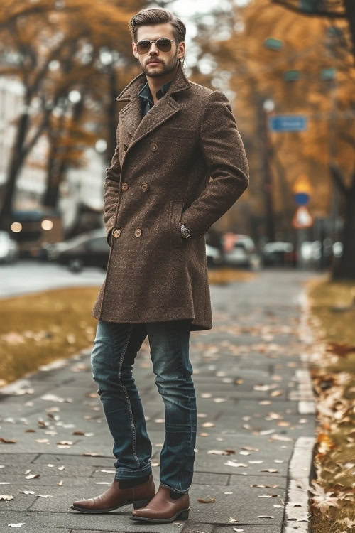 A man wears a brown long coat with jeans and brown cowboy boots