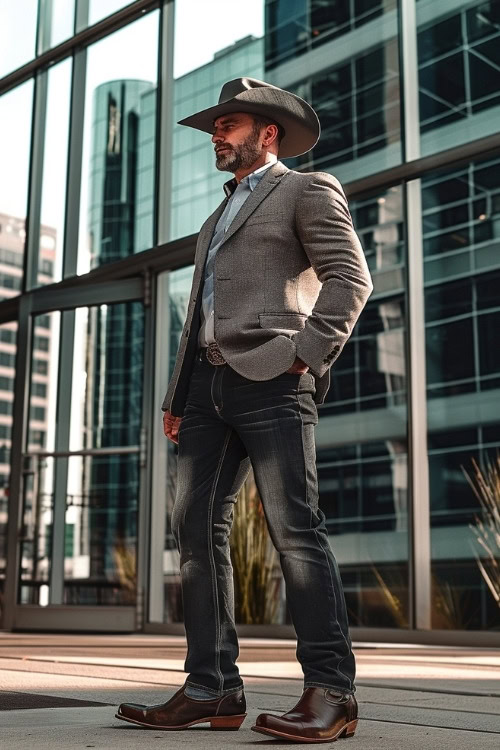 A man wears a gray blazer, a shirt, jeans, and brown cowboy boots