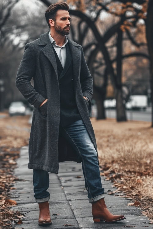 A man wears a gray long coat over a shirt with jeans and brown cowboy boots