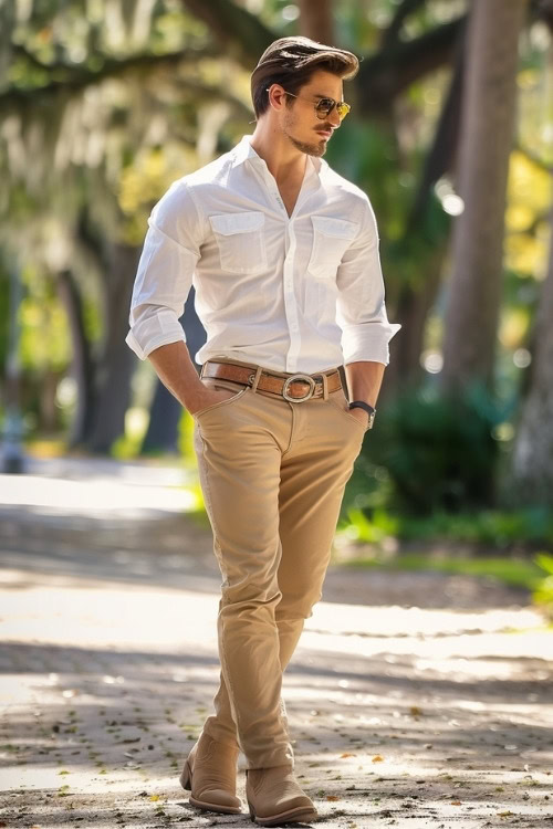 A man wears a white shirt, beige pants, and beige cowboy boots