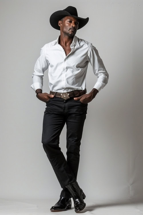 A man wears a white shirt, black pants, a belt, and black cowboy boots