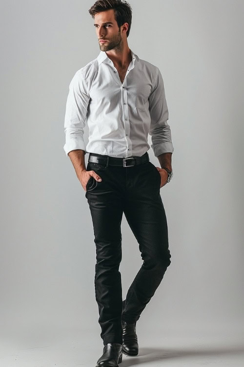 A man wears a white shirt, black pants, and black cowboy boots