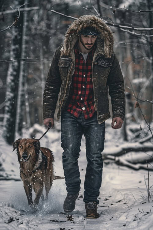 A man wears jeans, plaid shirt, fur coat in the winter